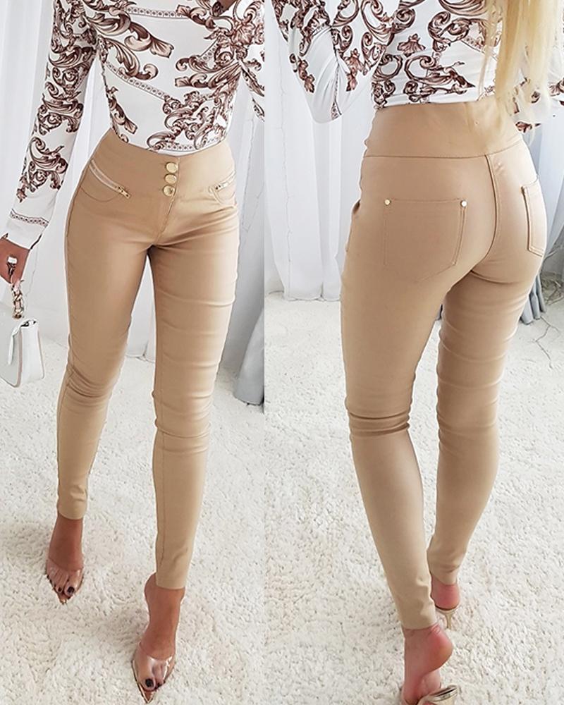 

Pocket Zipper Design High Waist Pants, Apricot