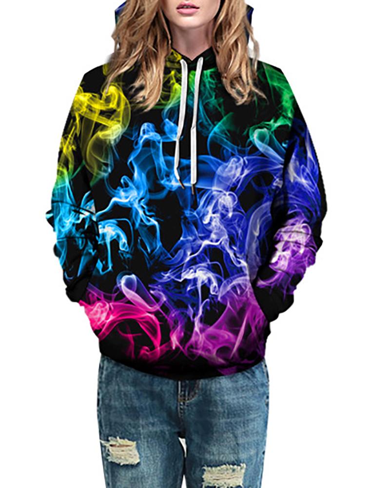 

Plus Size Colorblock Smoke Print Hooded Top, Multicolor