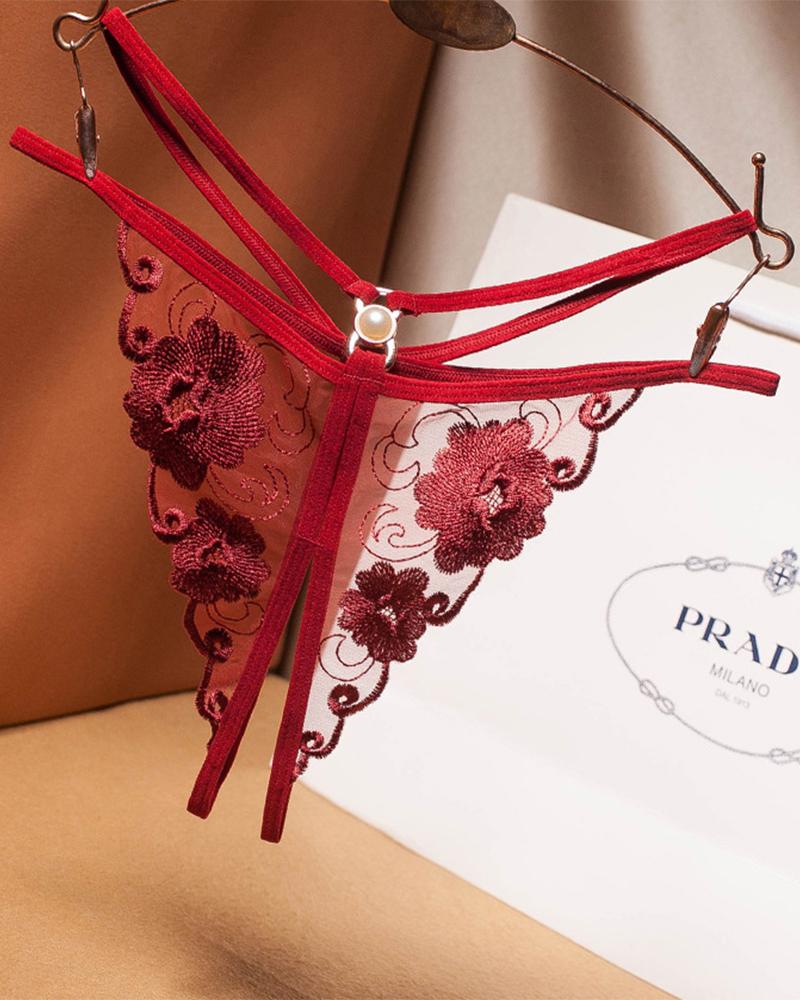 

See-through Mesh Splicing Embroidery Pearl Thong Panties, Wine red