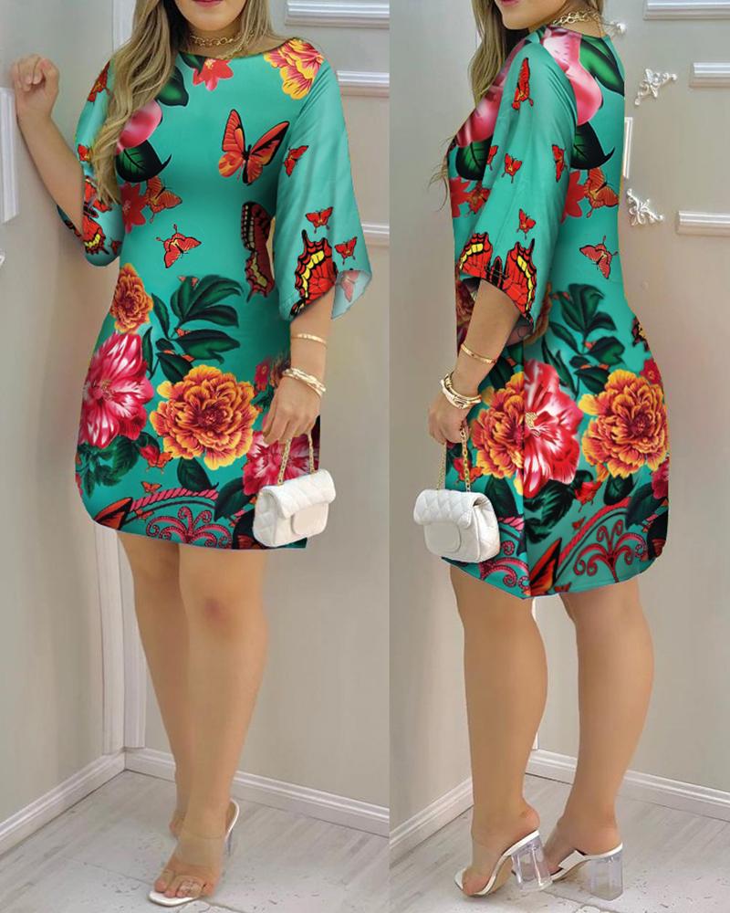 

Half Sleeve Butterfly Floral Print Dress, Multicolor