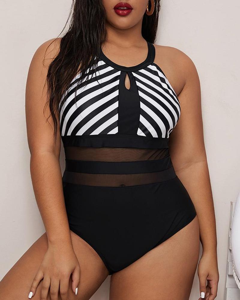 

Plus Size Striped Crisscross Backless Sheer Mesh One Piece Swimsuit, Black