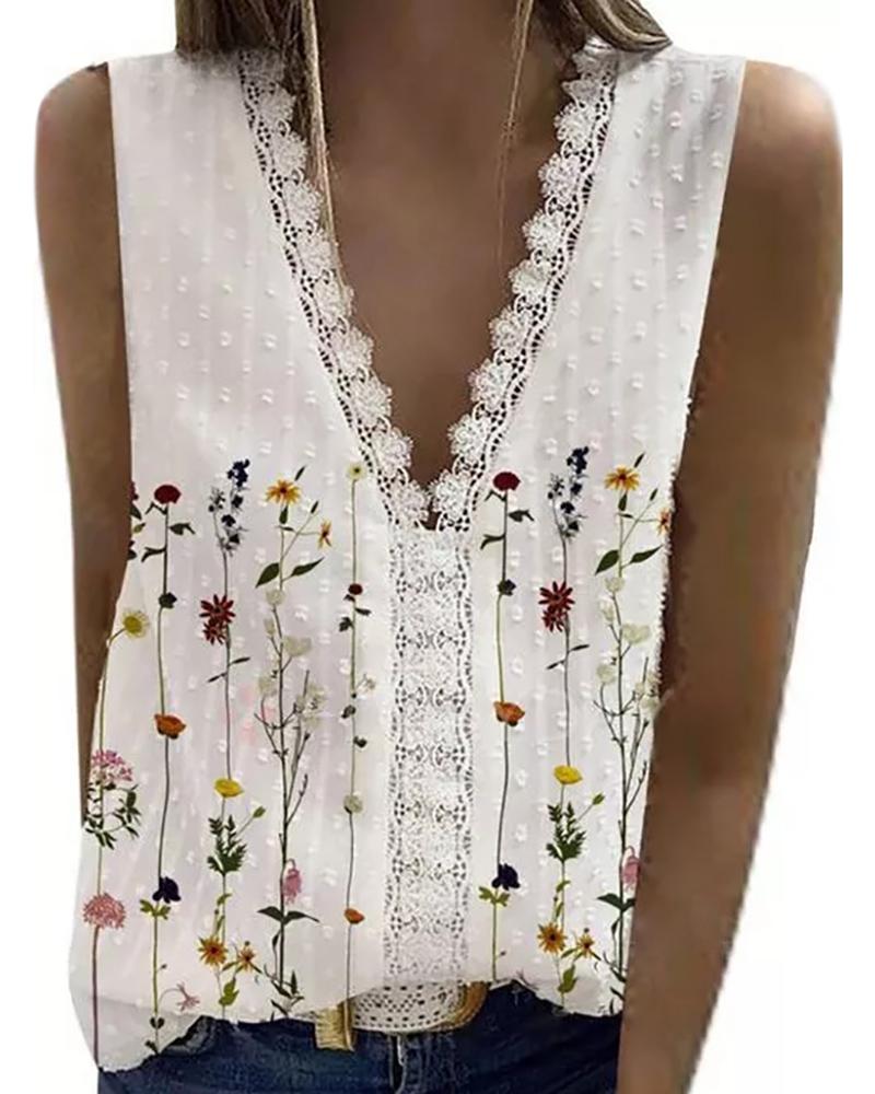 

Floral Print Lace Patch V Neck Tank Top, White