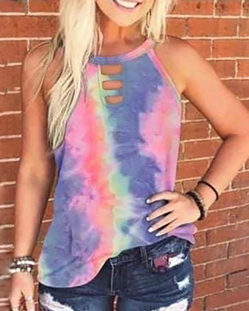 

Print Round Neck Cut Out Tank Top, Dark blue