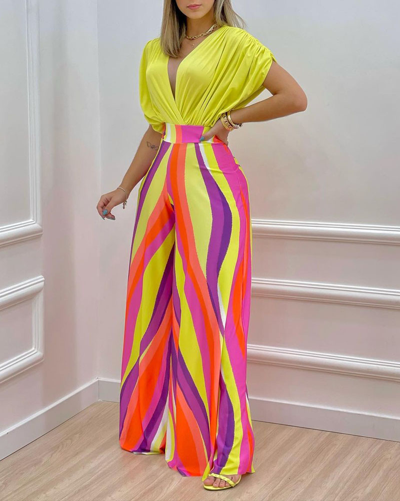 

Batwing Sleeve Wrap Top & Allover Print Wide Leg Pants Set, Yellow