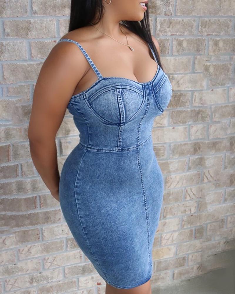 

Spaghetti Strap Denim Bodycon Dress, Blue