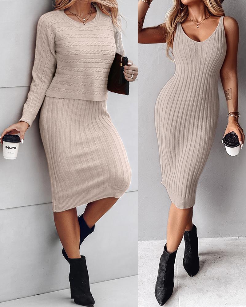 

Suéter de malha de cabo de manga comprida de 2 peças e vestido midi justo com decote em V, Khaki