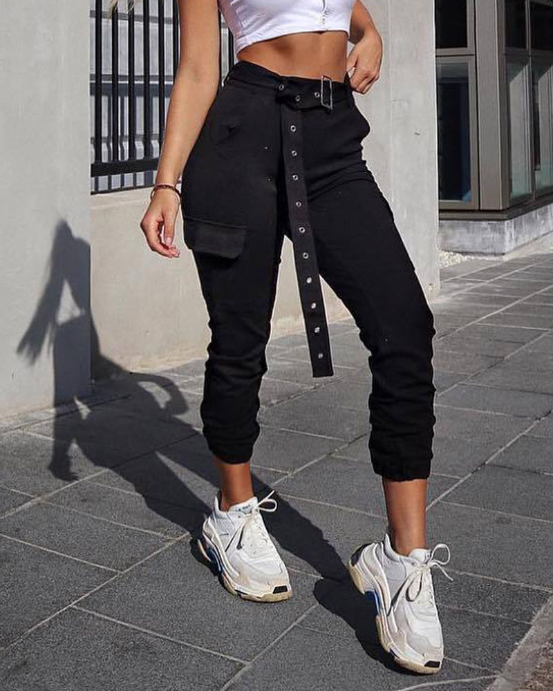 

Zipper Fly Flap Pocket Cargo Pants With Belt, Black