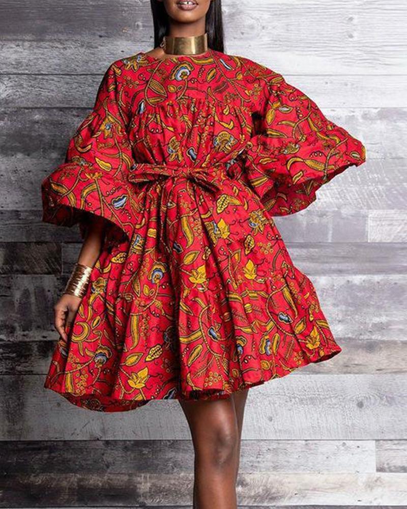

Floral Printing Bell Seeve A-line Dress, Red