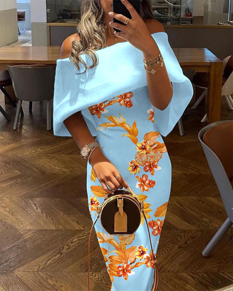 

Floral Print Off Shoulder Cape Design Skinny Party Dress, Blue