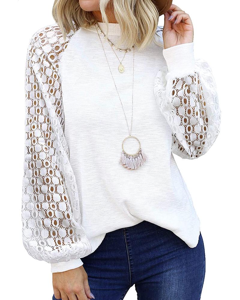 

Lantern Sleeve Hollow Out Top, White