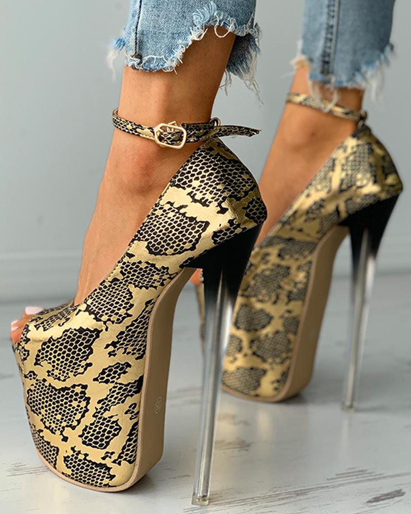 

Snakeskin Pattern Print Peep Toe Platform Stiletto Heels, Gold