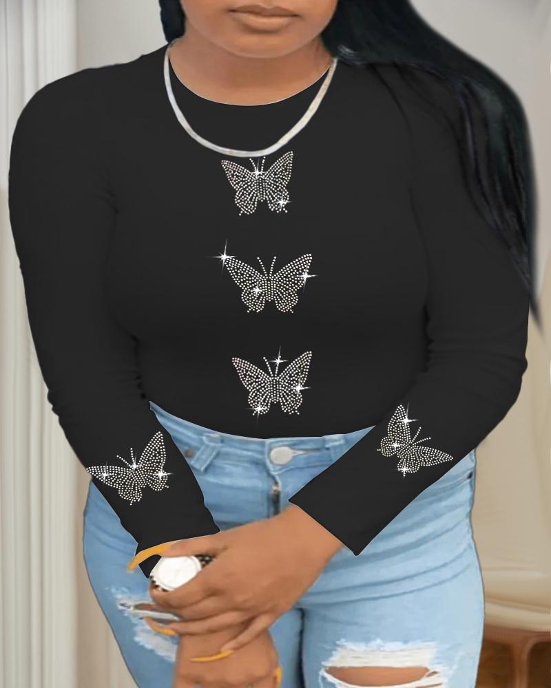 

Plus Size Butterfly Pattern Studded Long Sleeve Top, Black