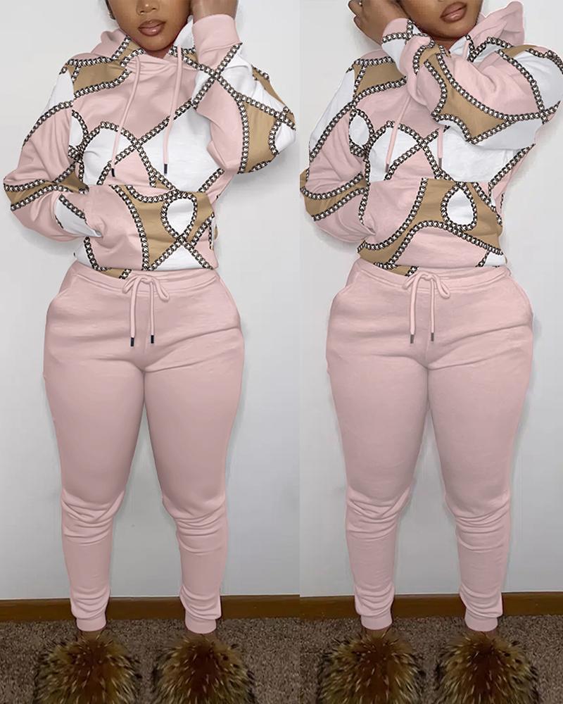 

Chain Scarf Print Long Sleeve Hoodie & Pants Set, Pink