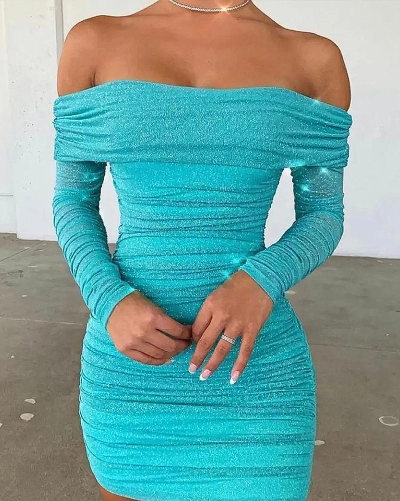 

Off Shoulder Ruched Glitter Bodycon Dress, Blue