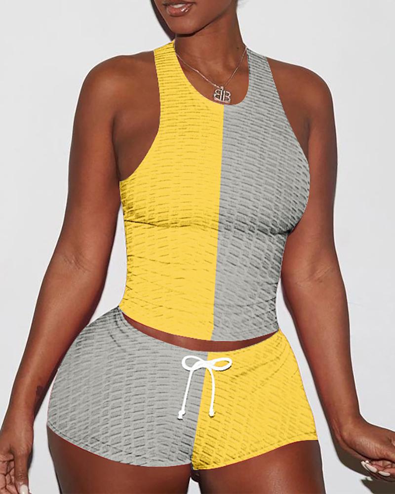 

Colorblock Patchwork O Neck Sleeveless Lace Up Bodycon Top & Shorts Sets, Gray