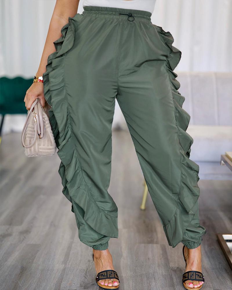 

Ruffle Hem Drawstring Cuffed Pants, Army green