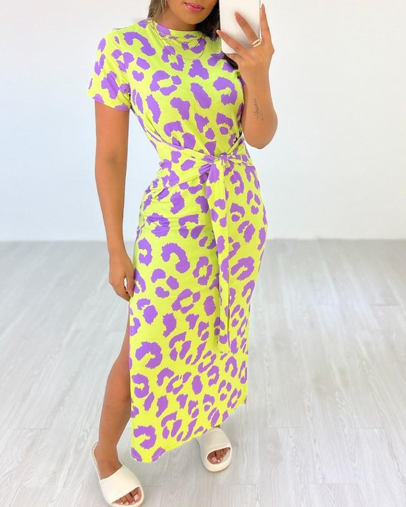 

Leopard Print Knotted Slit Casual Dress, Purple