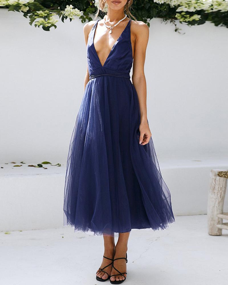 

Crisscross Backless Sheer Mesh Evening Dress, Blue