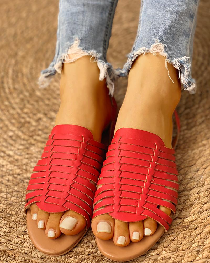 

Braided Design Peep Toe Flat Sandals, Red