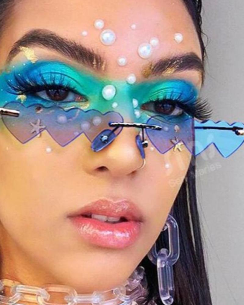 

1Pair Heart Shaped Asymmetrical Rimless Sunglasses, Blue