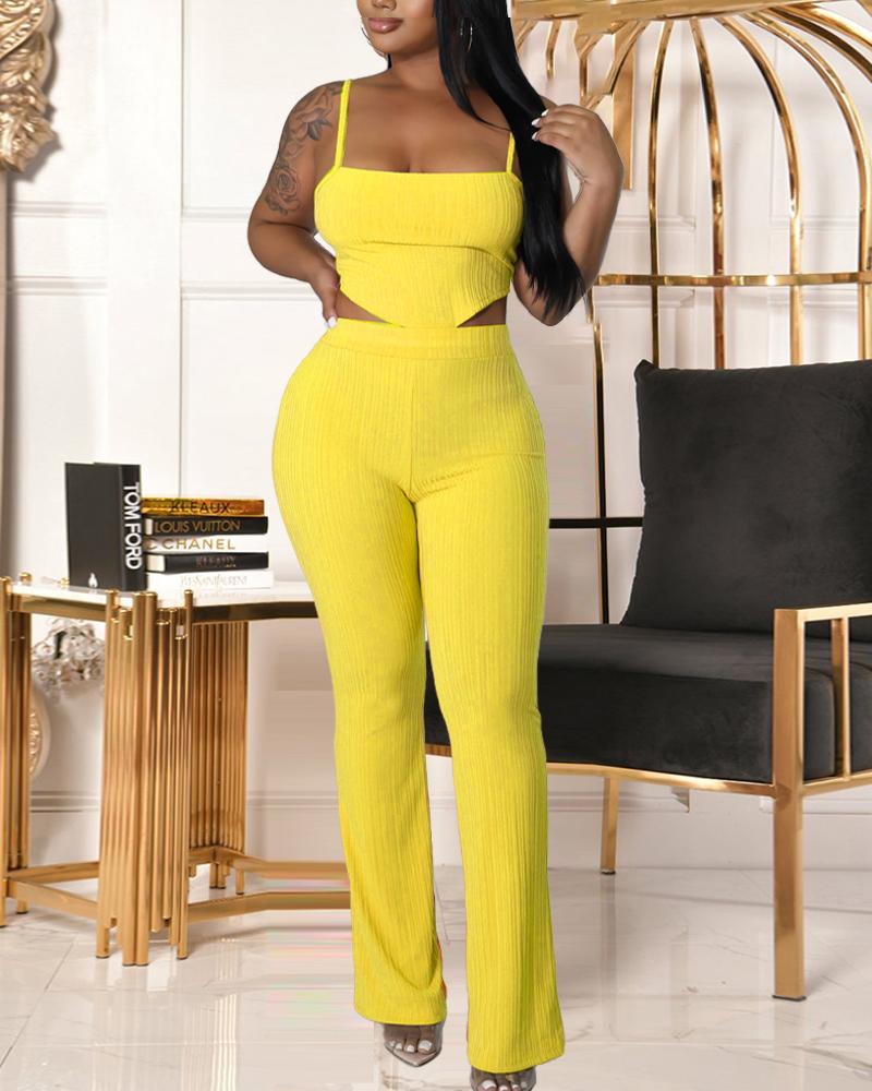 

Tied Detail Backless Hanky Hem Crop Cami Top & Pants Set, Yellow