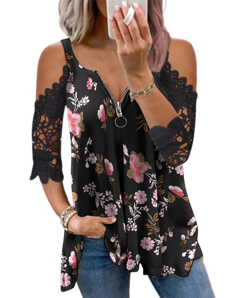 

Floral Print Contrast Lace Cold Shoulder Top, Black