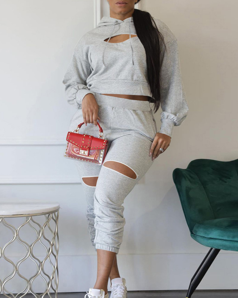 

Cutout Long Sleeve Hoodie & Sweatpants Set, Gray