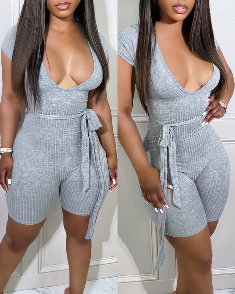 

Plunge Tied Detail Short Sleeve Romper, Gray
