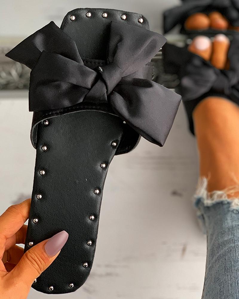 

Satin Bowknot Decor Square Toe Flat Sandals, Black