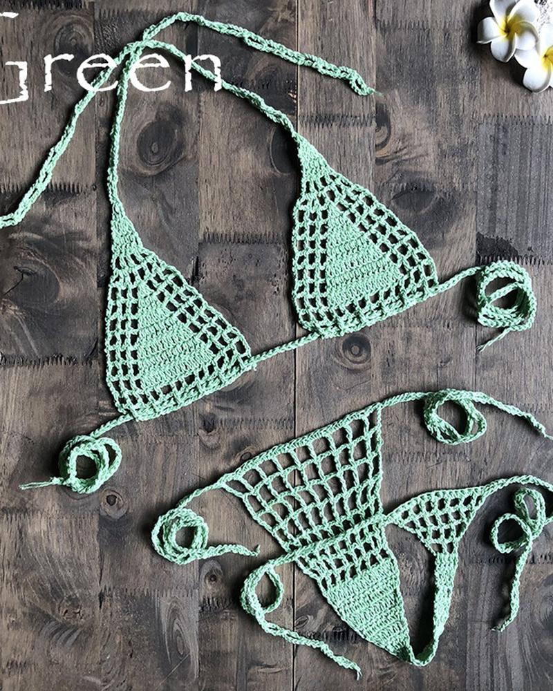 

See-through Solid Color Hollow-out Weave Halter Sleeveless 2-Piece Bikini Sets, Green