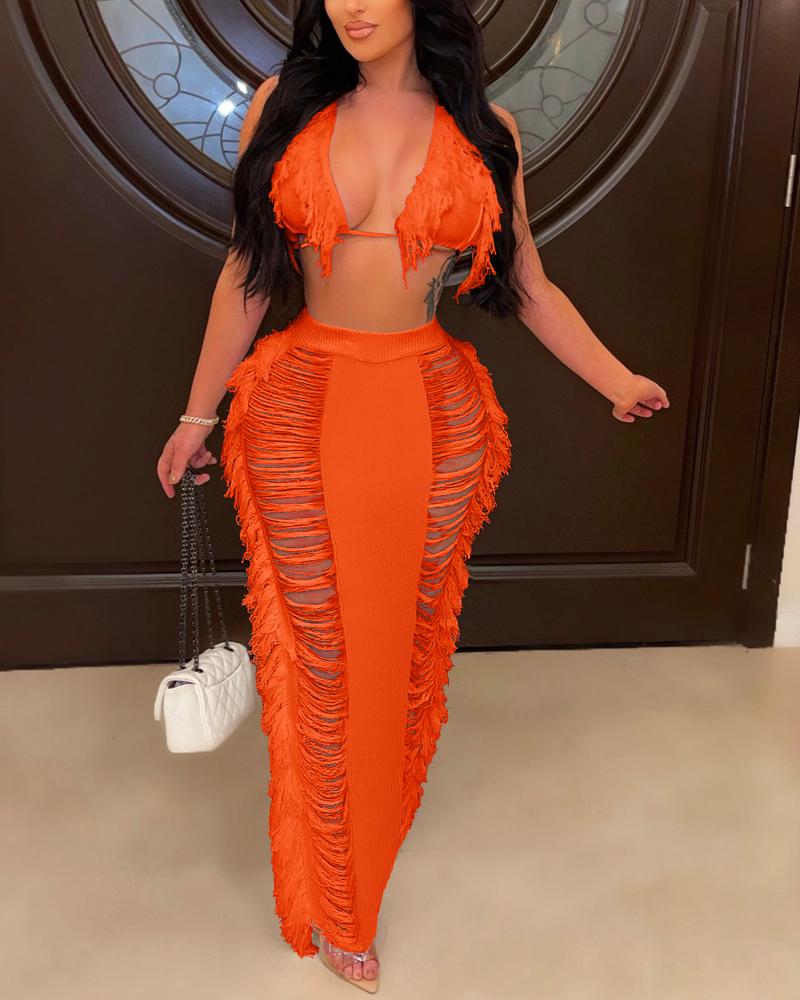 

Tassel Design Top & Ladder Cutout Cover Up Skirt Set, Orange