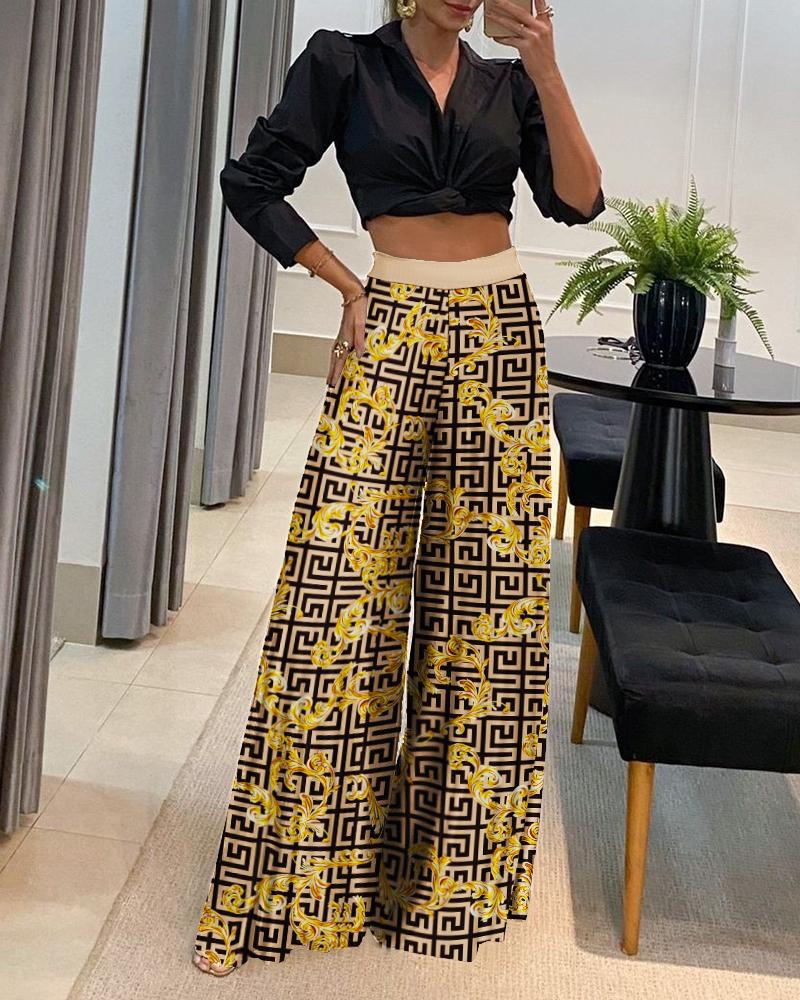 

Baroque Geo Print High Waist Wide Leg Pants, Yellow