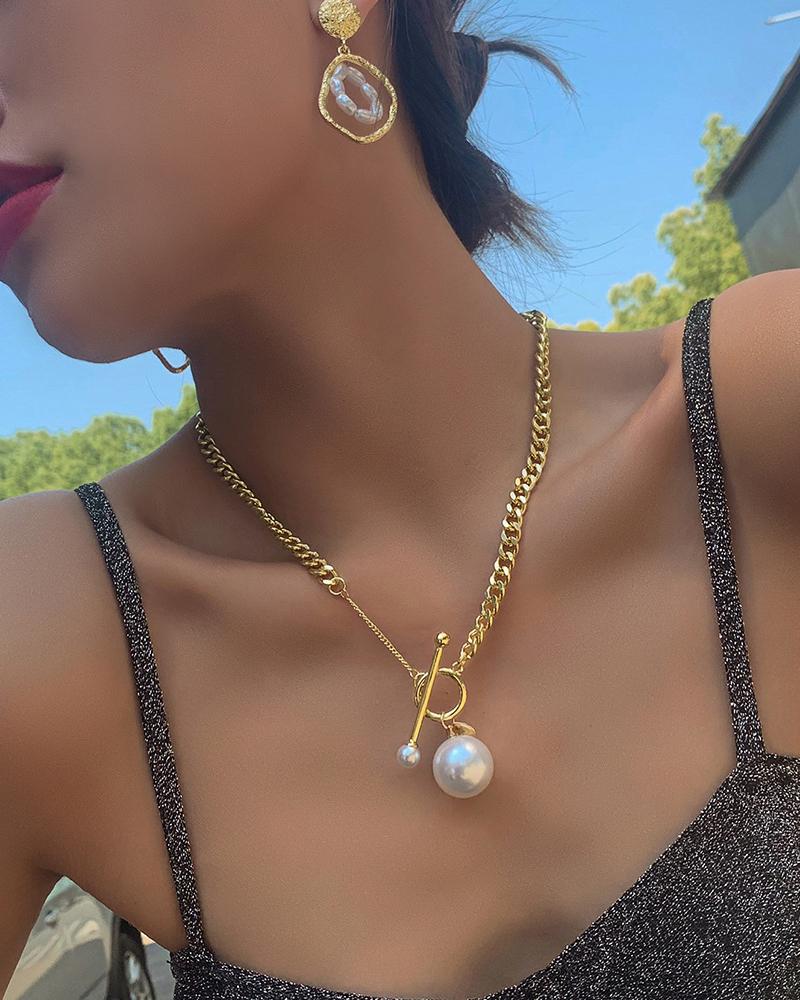

Simple OT Buckle Pearl Pendant Chain Necklace, Gold