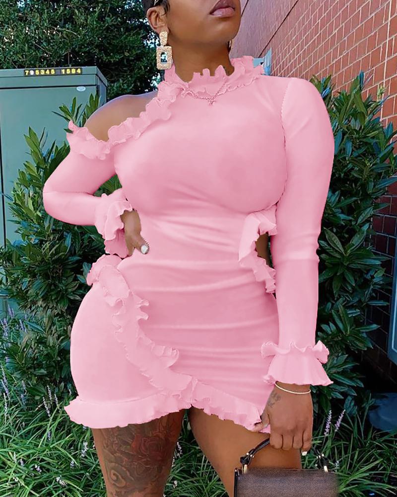 

Frill Hem Long Sleeve Cutout Bodycon Dress, Pink