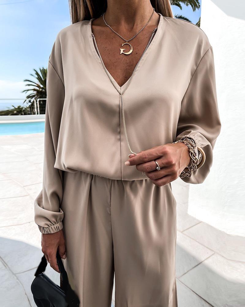 

Lantern Sleeve Satin Top & Slit Pants Set, Apricot