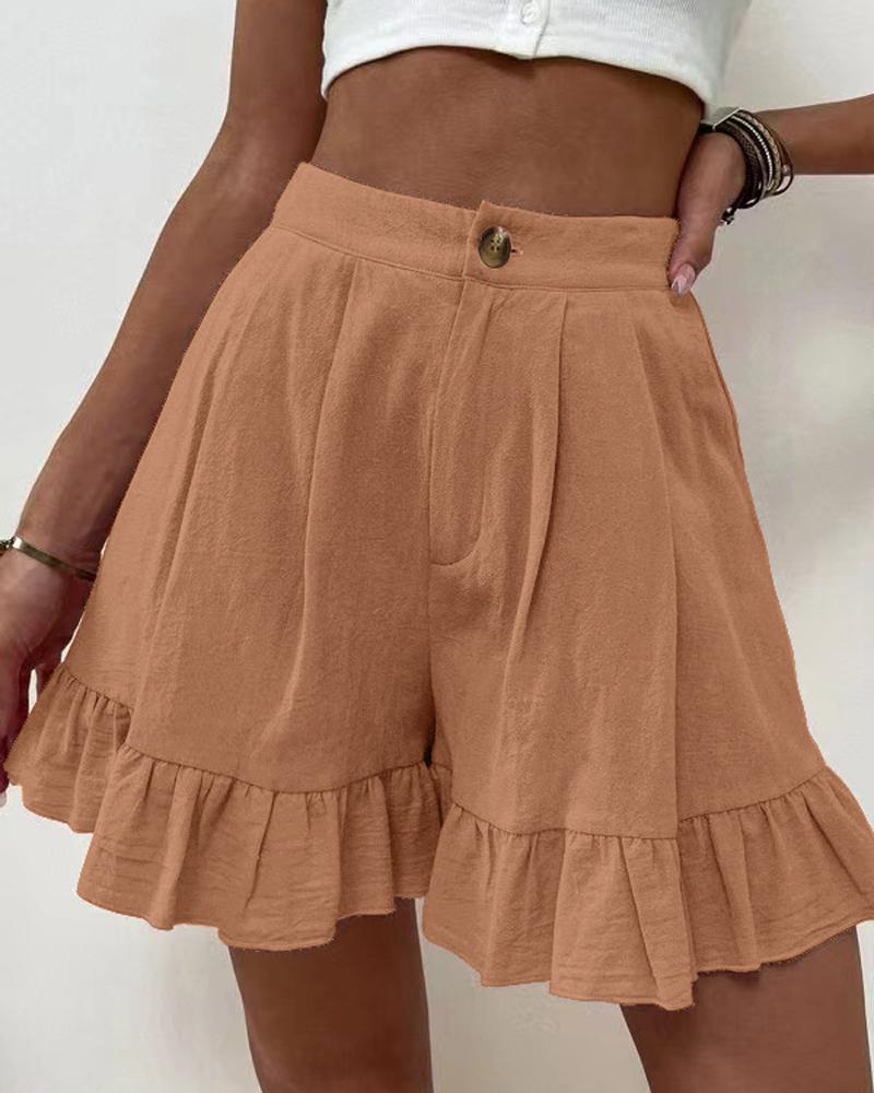 

Ruffle Hem High Waist Shorts, Khaki