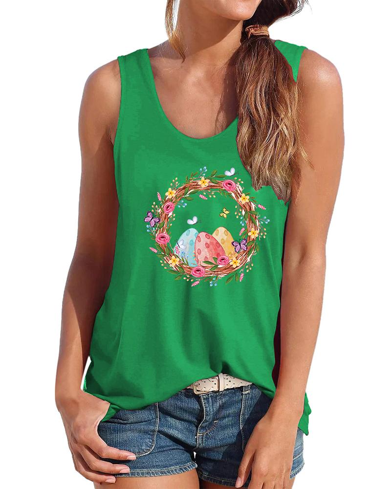 

Easter Eggs Print Graphic Tee Casual Tank Top, Green