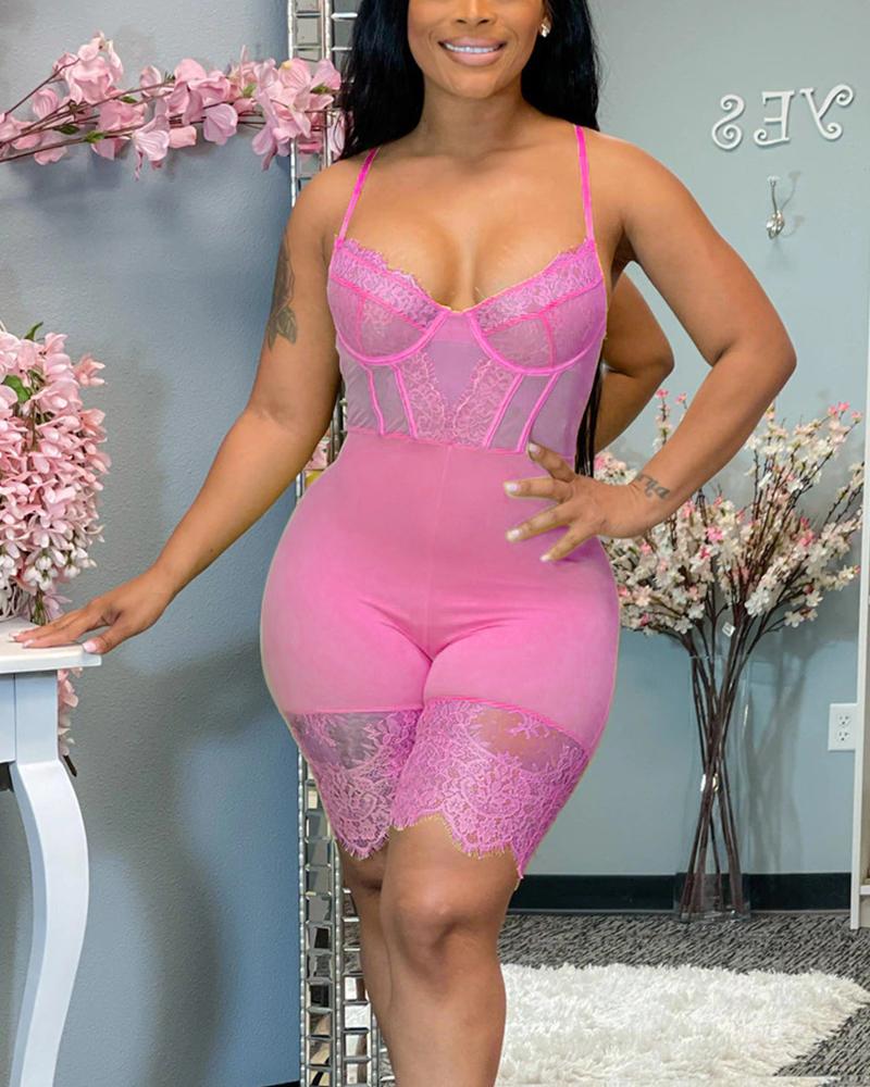

Spaghetti Strap Lace Trim Unitard Cami Romper, Pink