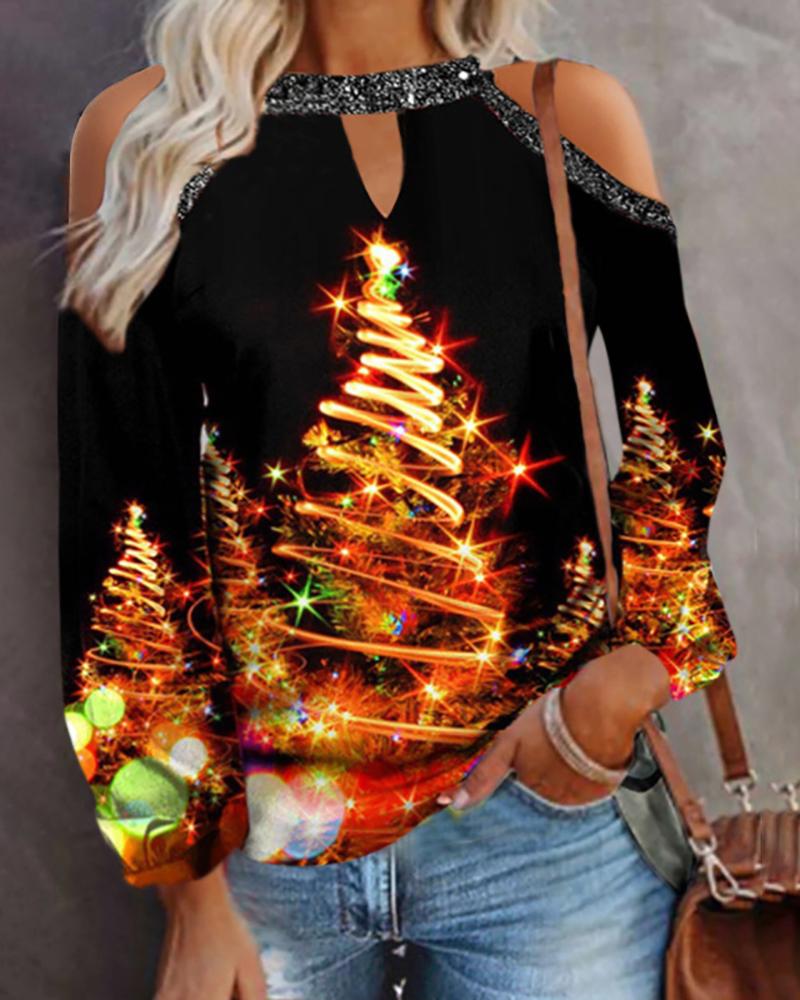 

Christmas Cold Shoulder Cutout Tree Lights Print Top, Black