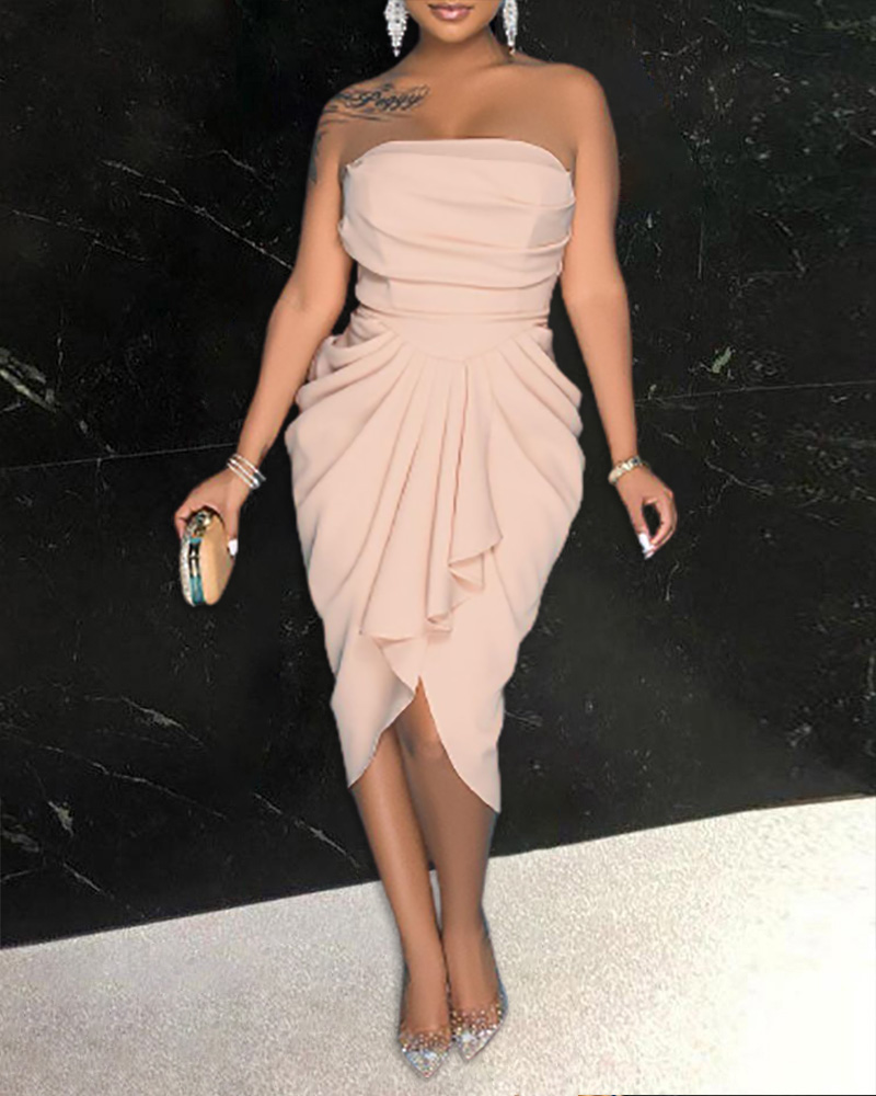 

Bandeau Ruched Asymmetrical Ruffles Party Dress, Light pink