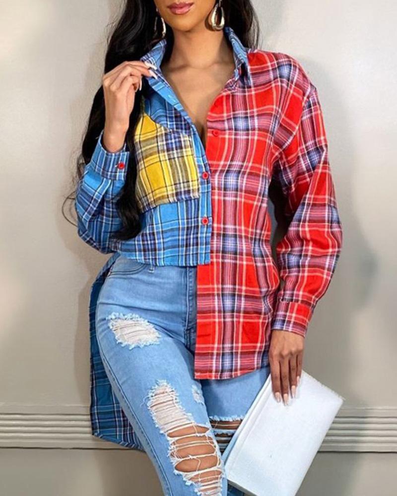 

Asymmetrical Plaid Print Long Sleeve Buttoned Top, Red