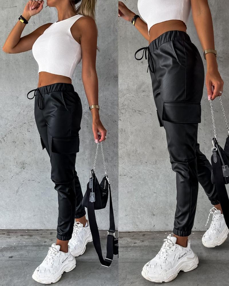 

Elastic Waist PU Leather Drawstring Cuffed Pants with Pocket, Black