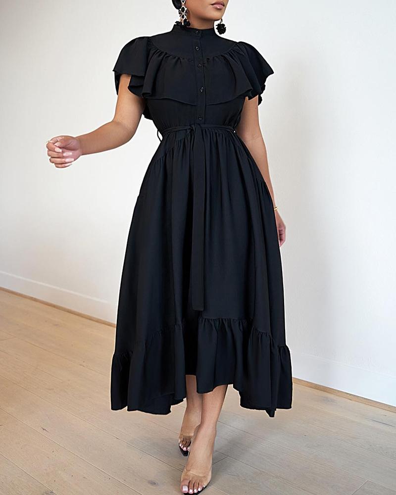 

Ruffle Hem Ruched Shirt Dress, Black