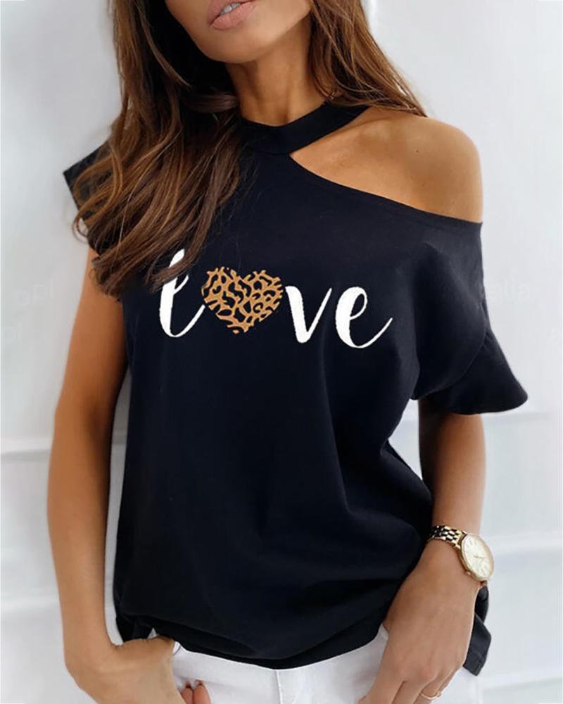 

Cold Shoulder Leopard Letter Print T-shirt, Black