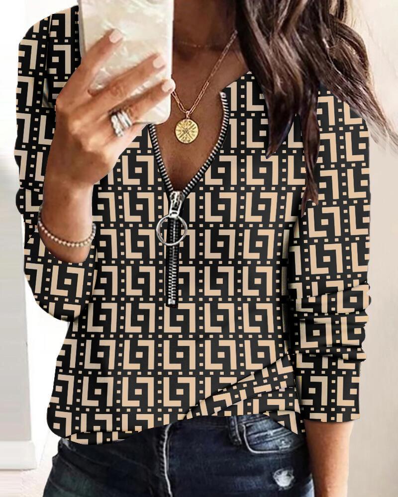 

Geometric Print Zip Front Long Sleeve Top, Khaki