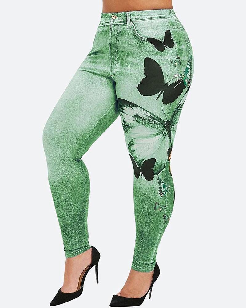 

Butterfly Denim Look Print High Waist Leggings, Green