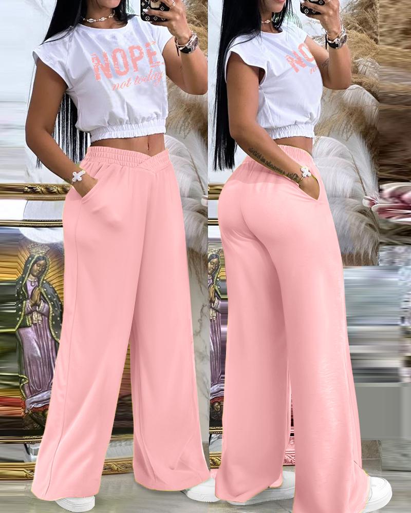 

Nope Not Today Print Top & Overlap Waist Wide Leg Pants Set, Pink