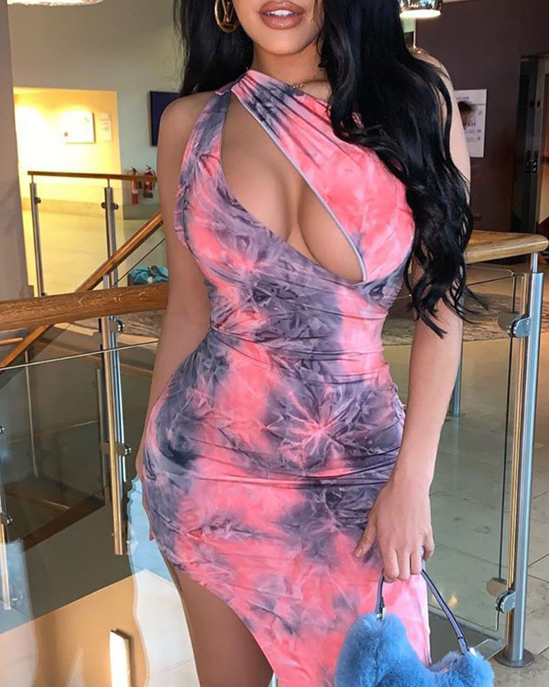 

Tie Dye Sleeveless Skinny Cut-out Slit Midi Dress, Pink