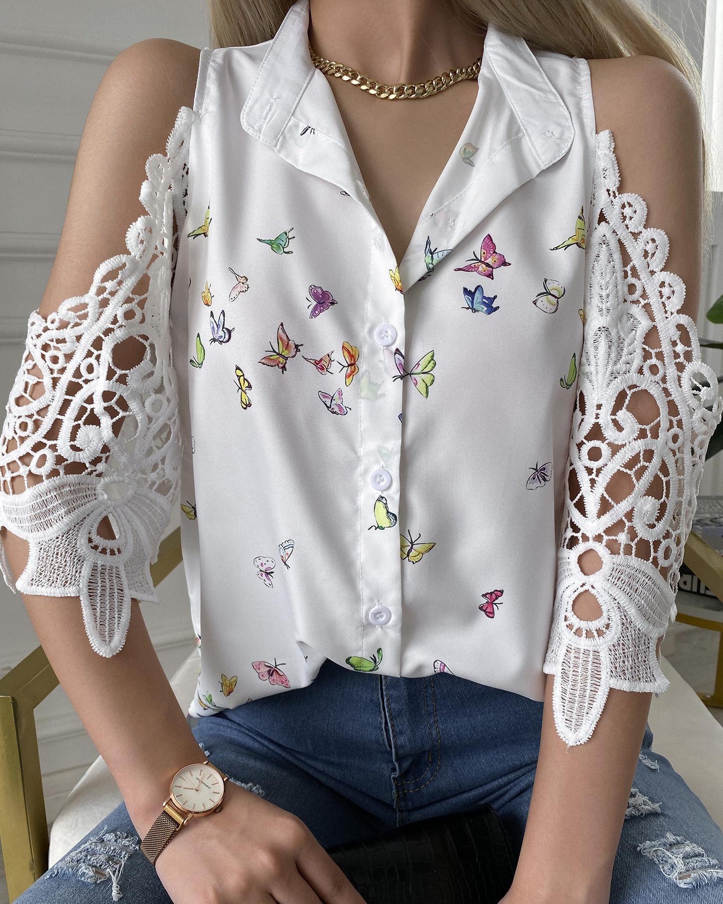 

Butterfly Print Lace Patch Cold Shoulder Top, White