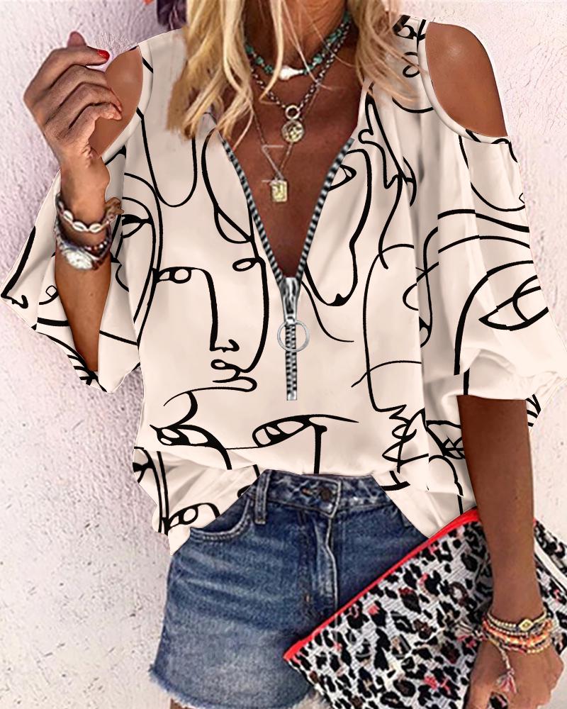 

Abstract Figure Print Zip Front Cold Shoulder Top, Apricot